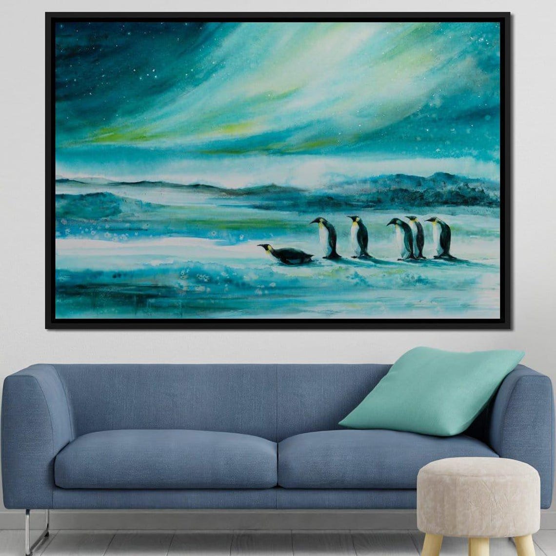 Penguins Under Aurora Borealis Arctic Night Sky Wildlife Wall Art