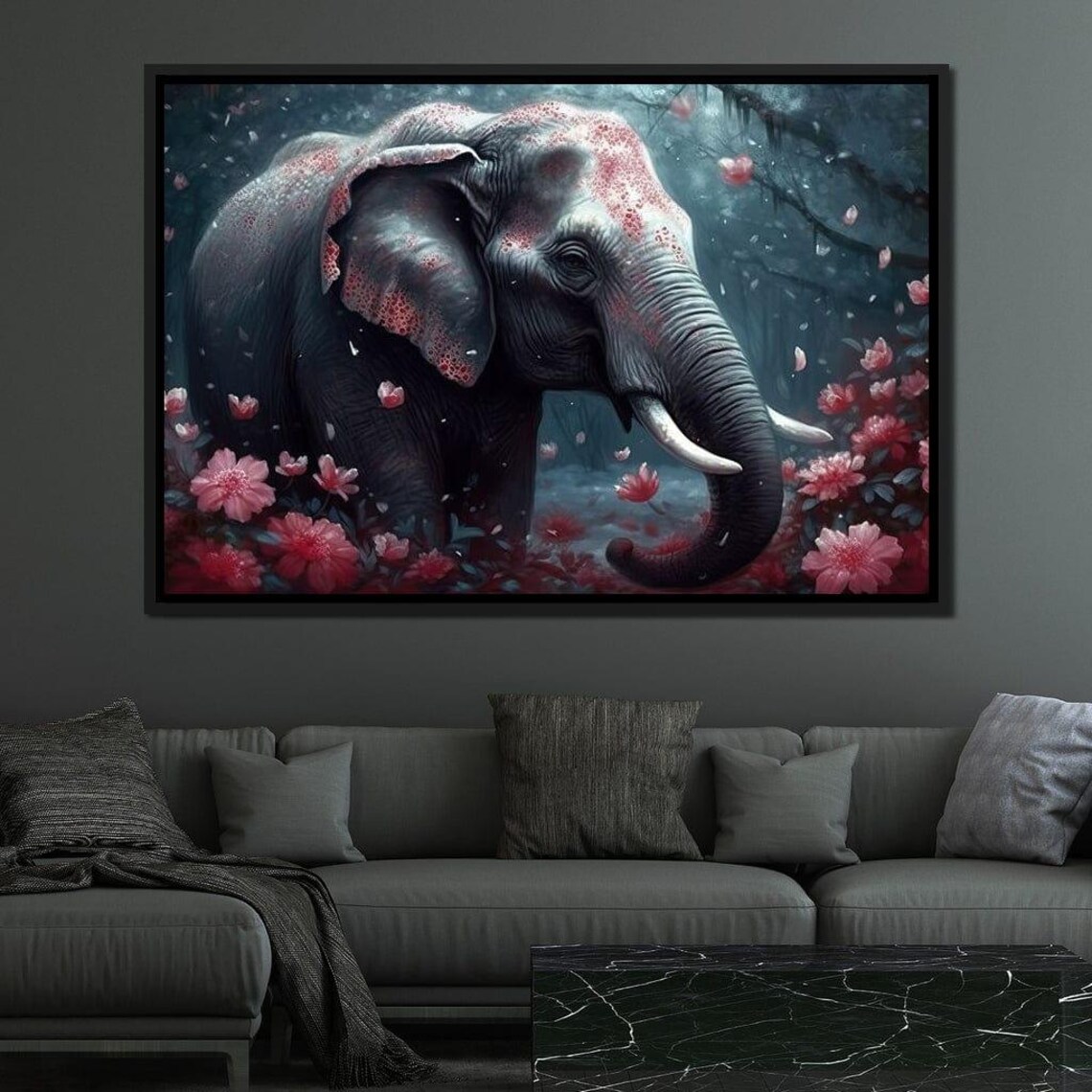 Majestic Elephant Pink Blossoms Misty Forest Nature Inspired Wall Art