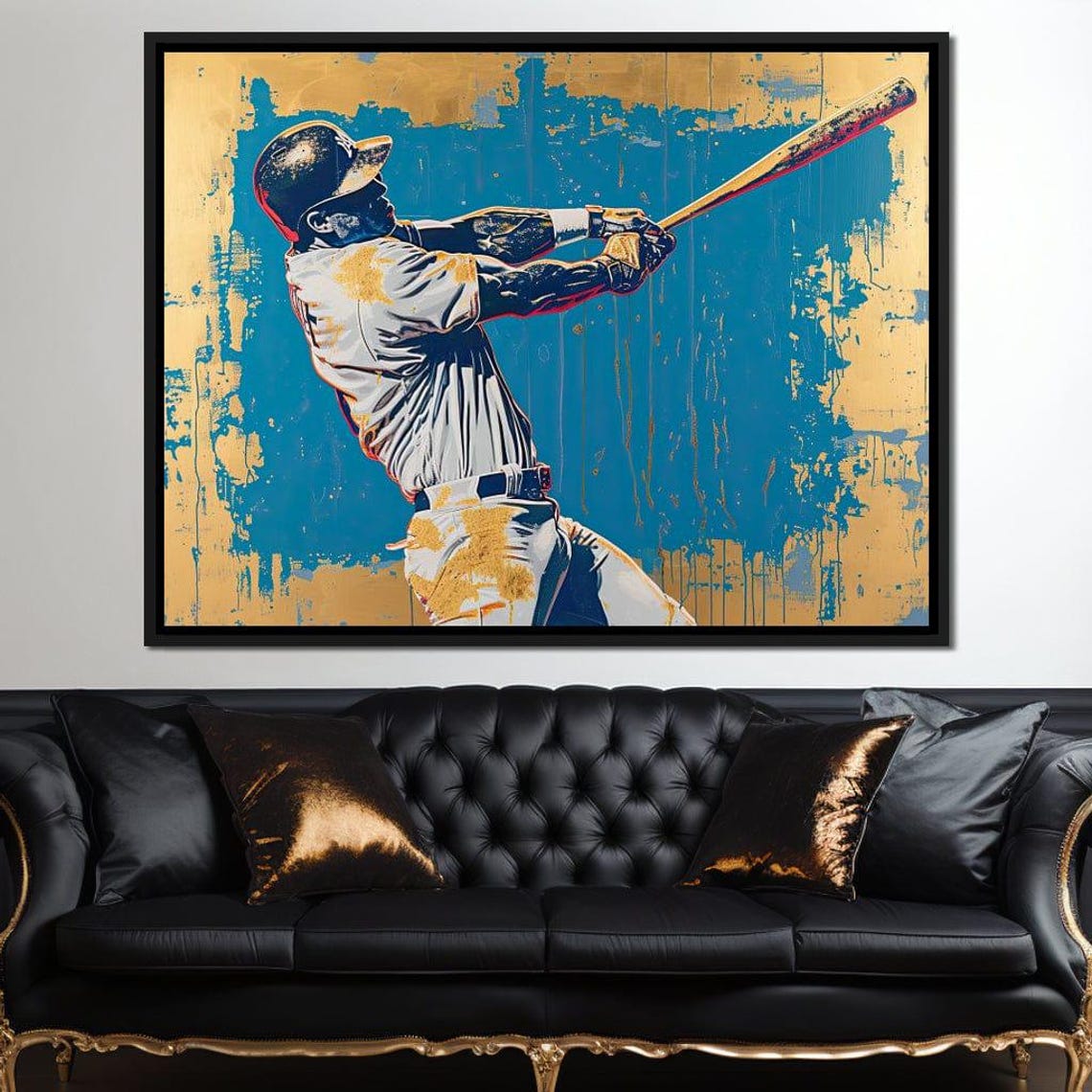 Baseball Player Mid Swing Pop Art Teal Gold Dynamic Sports Poster - Image 3