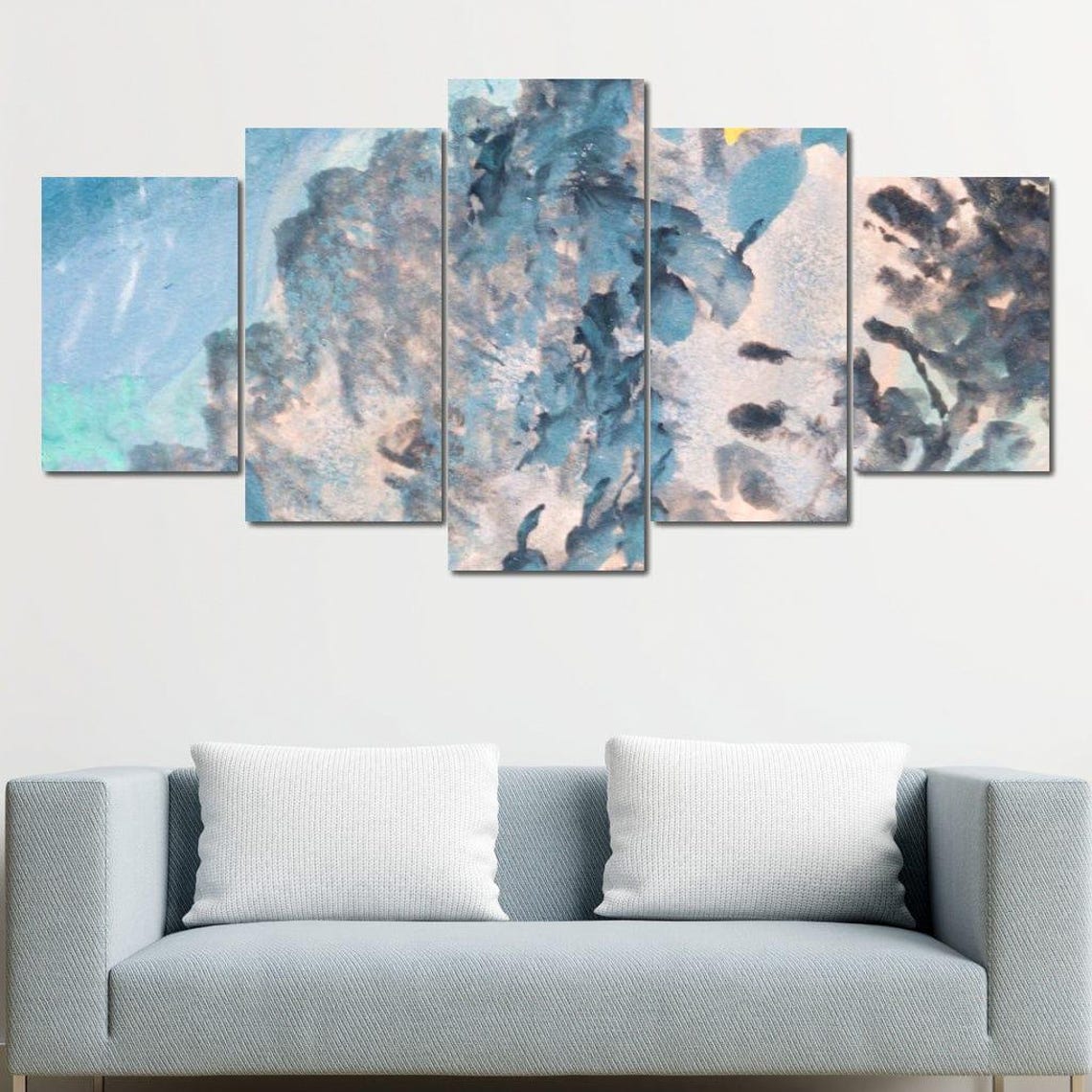 Blue Grey Watercolor Coastal Seascape Yellow Sun Modern Wall Art - Image 4