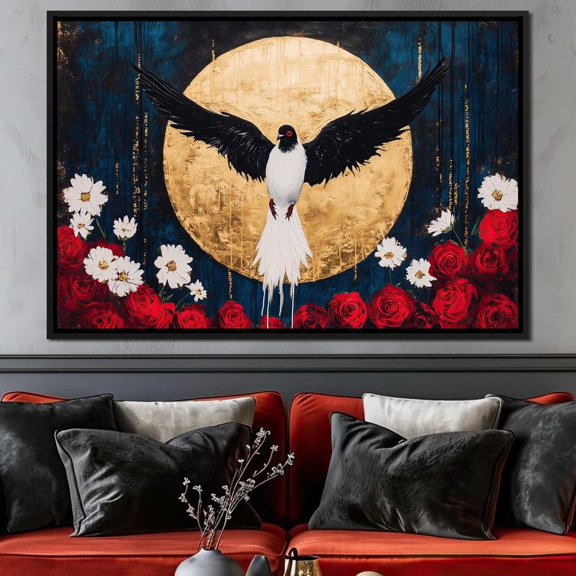 Black White Bird Gold Moon Red Roses Midnight Floral Elegant Poster
