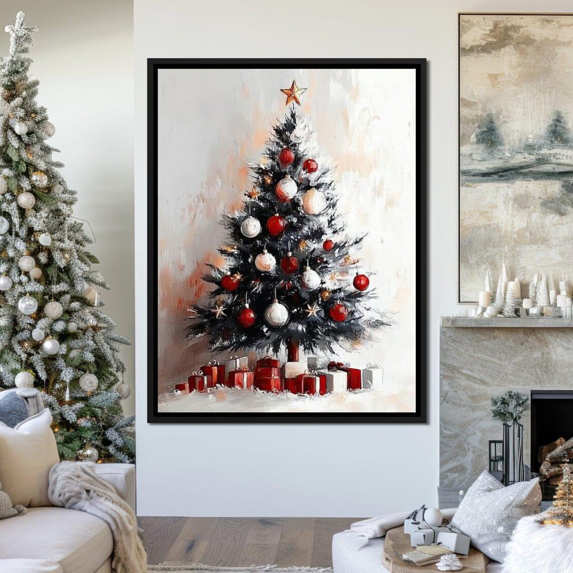 Christmas Tree With Red Ornaments Gifts Painterly Holiday Poster - Image 3