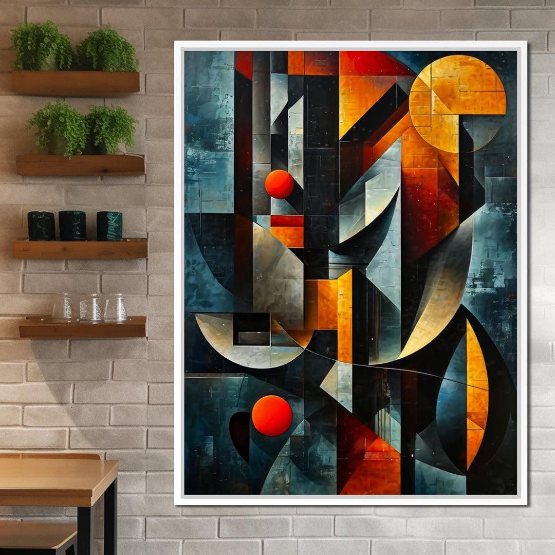 Cubist Abstract Orange Sun Spheres Dark Blue Grey Geometric Art Poster - Image 4