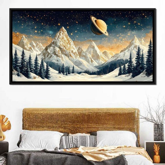 Saturn Over Snow Capped Peaks Home Decor Celestial Landscape Cosmic Mountain Starry Night Art By Nichecanvas
