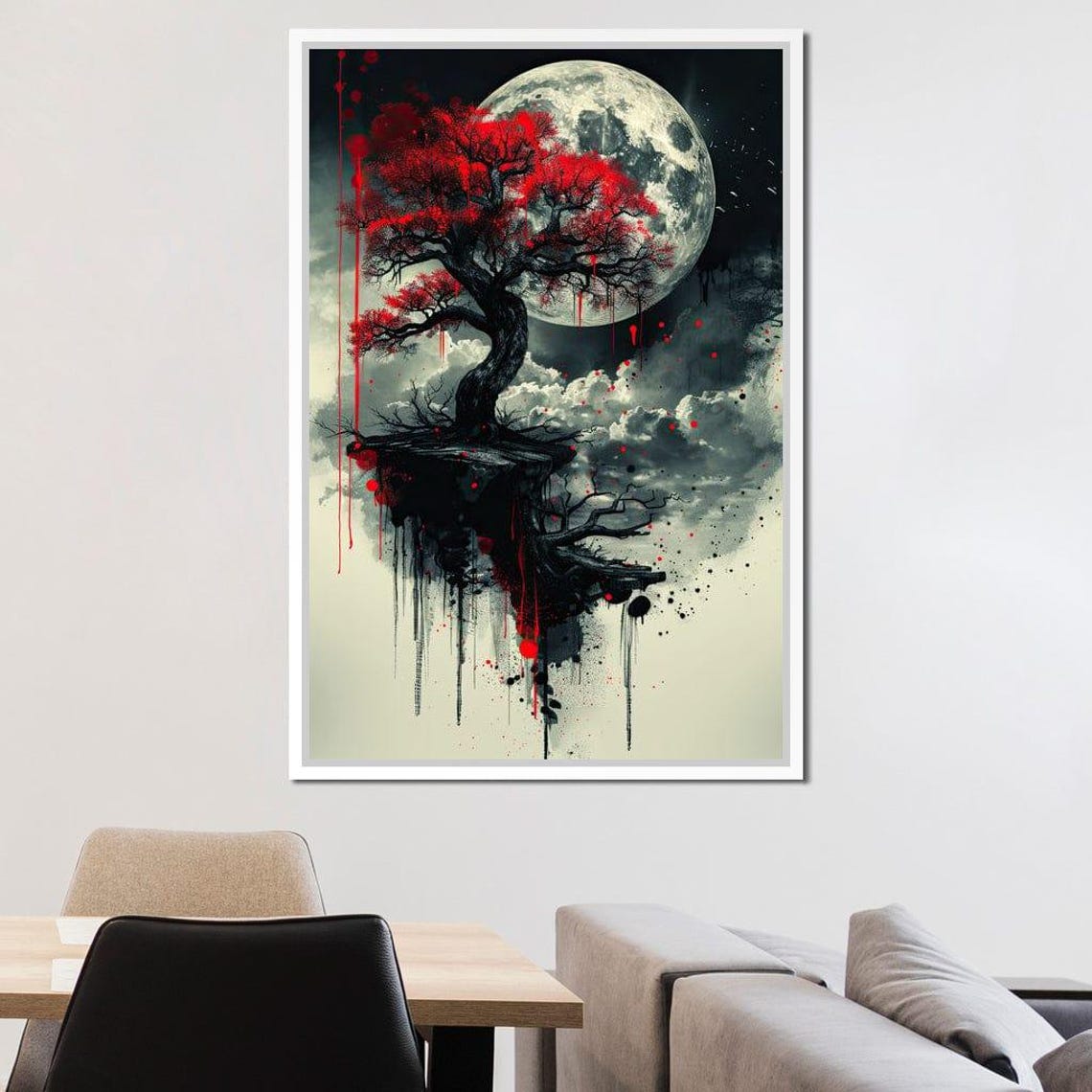Red Maple Bonsai Full Moon Floating Ink Wash Japanese Art Poster - Image 3