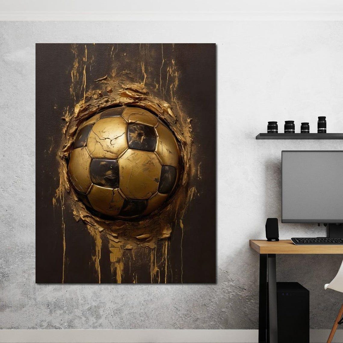 Golden Soccer Ball Black Background Splash Modern Sports Art Poster - Image 2