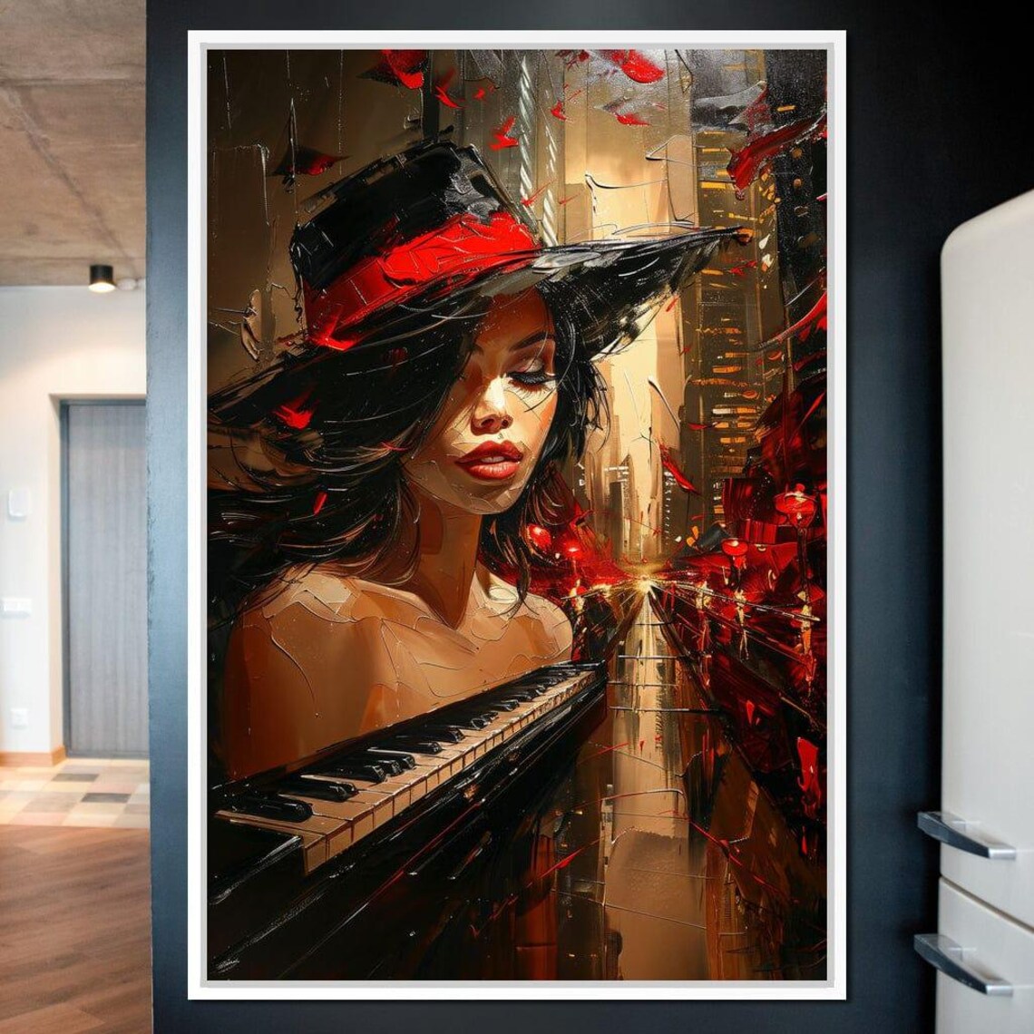 Autumn Rhapsody Woman In Red Hat Piano Keys Night Cityscape Poster - Image 2