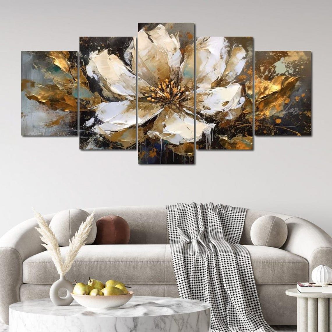 Ivory Bloom Abstract Five Panel Neutral Gold Floral Wall Art Poster