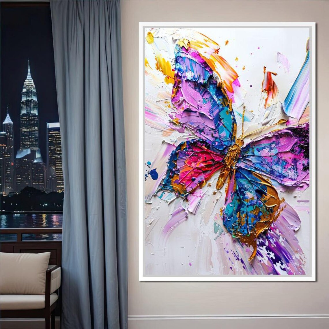Kaleidoscopic Butterfly Purple Blue Pink Gold Impasto White Wall Art - Image 3