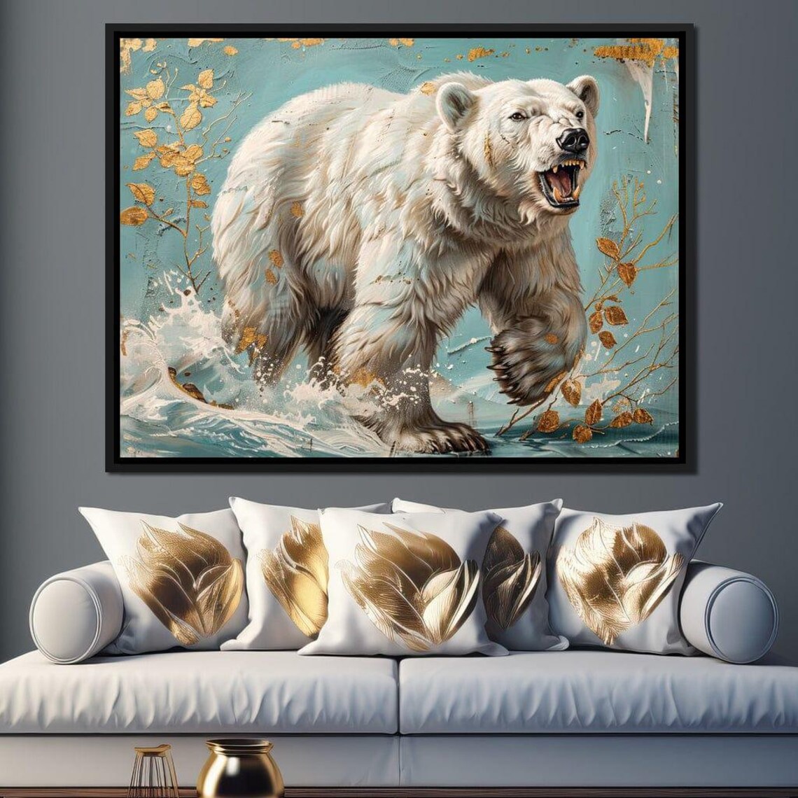 Polar Bear Roaring Arctic Wildlife Splashing Water Teal Gold Painting Wall Poster - Image 2