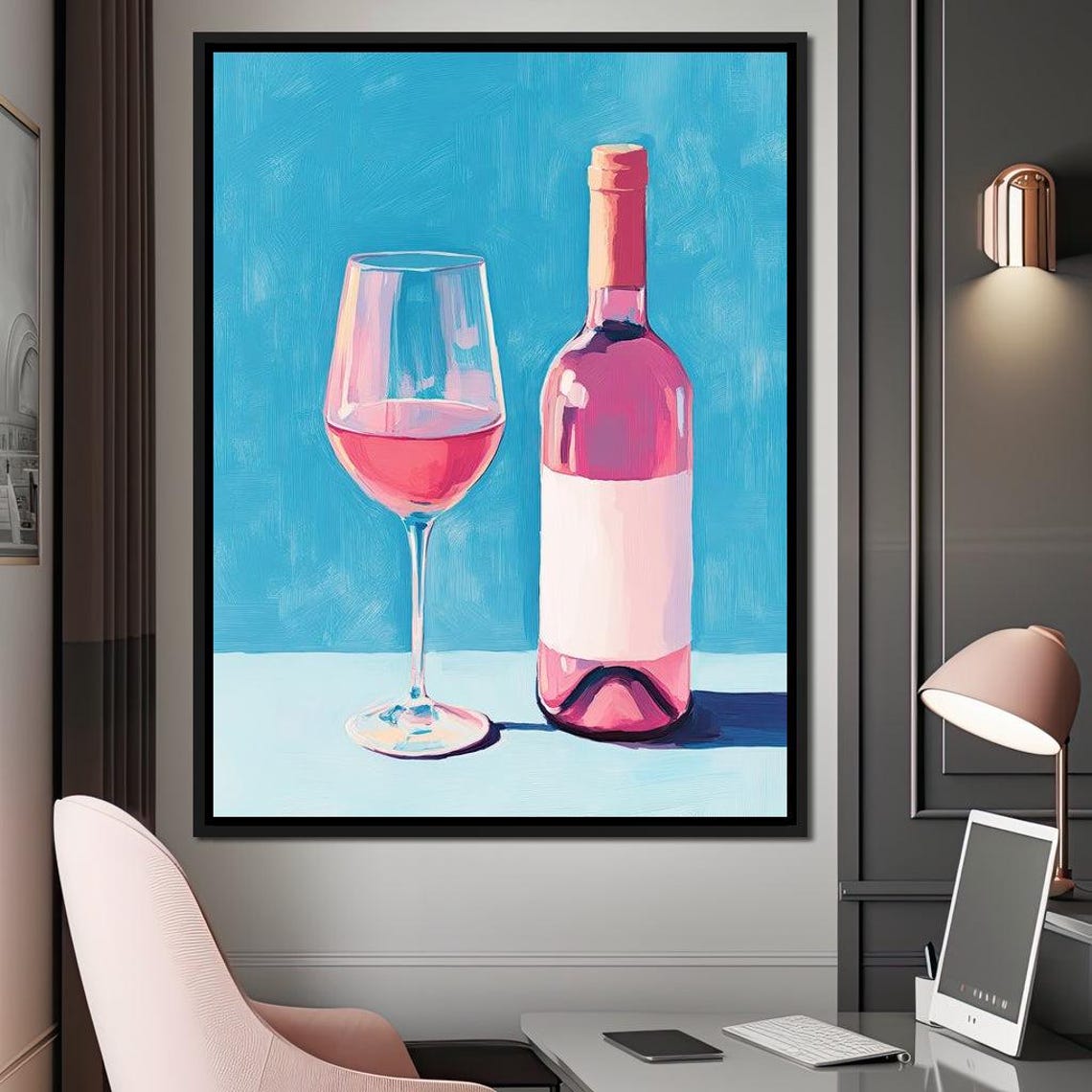 Rosé Wine Bottle and Glass Pink Teal Modern Kitchen Bar Wall Art Print