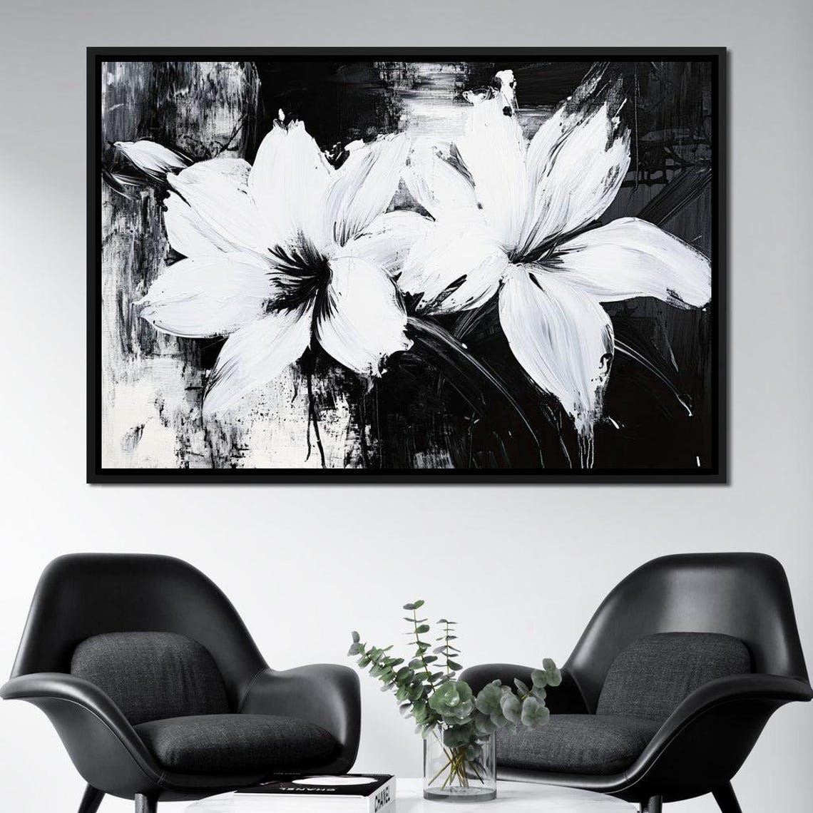 Monochrome White Flowers Black Background Elegant Botanical Poster - Image 3