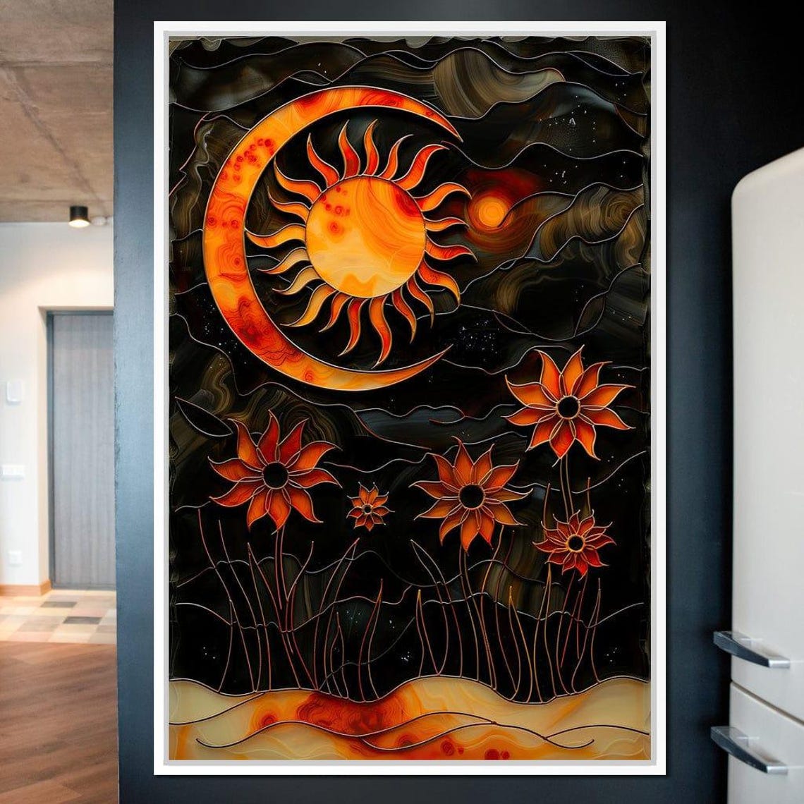 Solar Eclipse Stained Glass Sun Crescent Moon Orange Floral Wall Art - Image 3