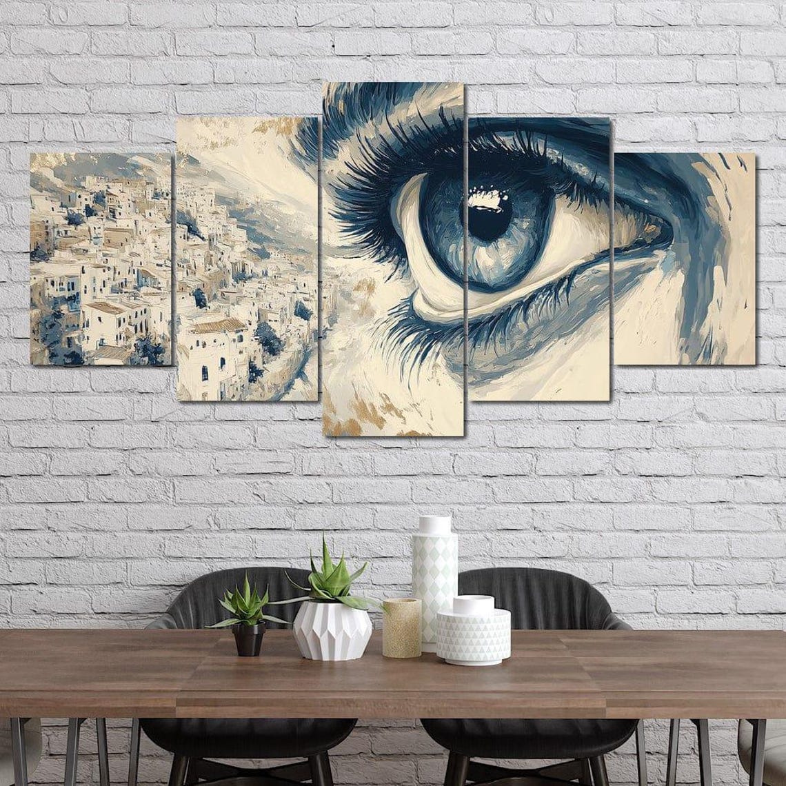 Surreal Blue Eye Over Mediterranean Coastal Town Gold Wall Art - Image 3