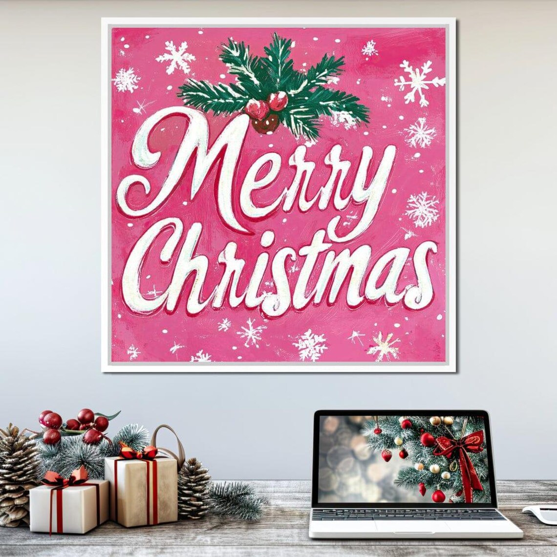 Merry Christmas Pink Script Sign Snowy Pine Snowflakes Art Poster