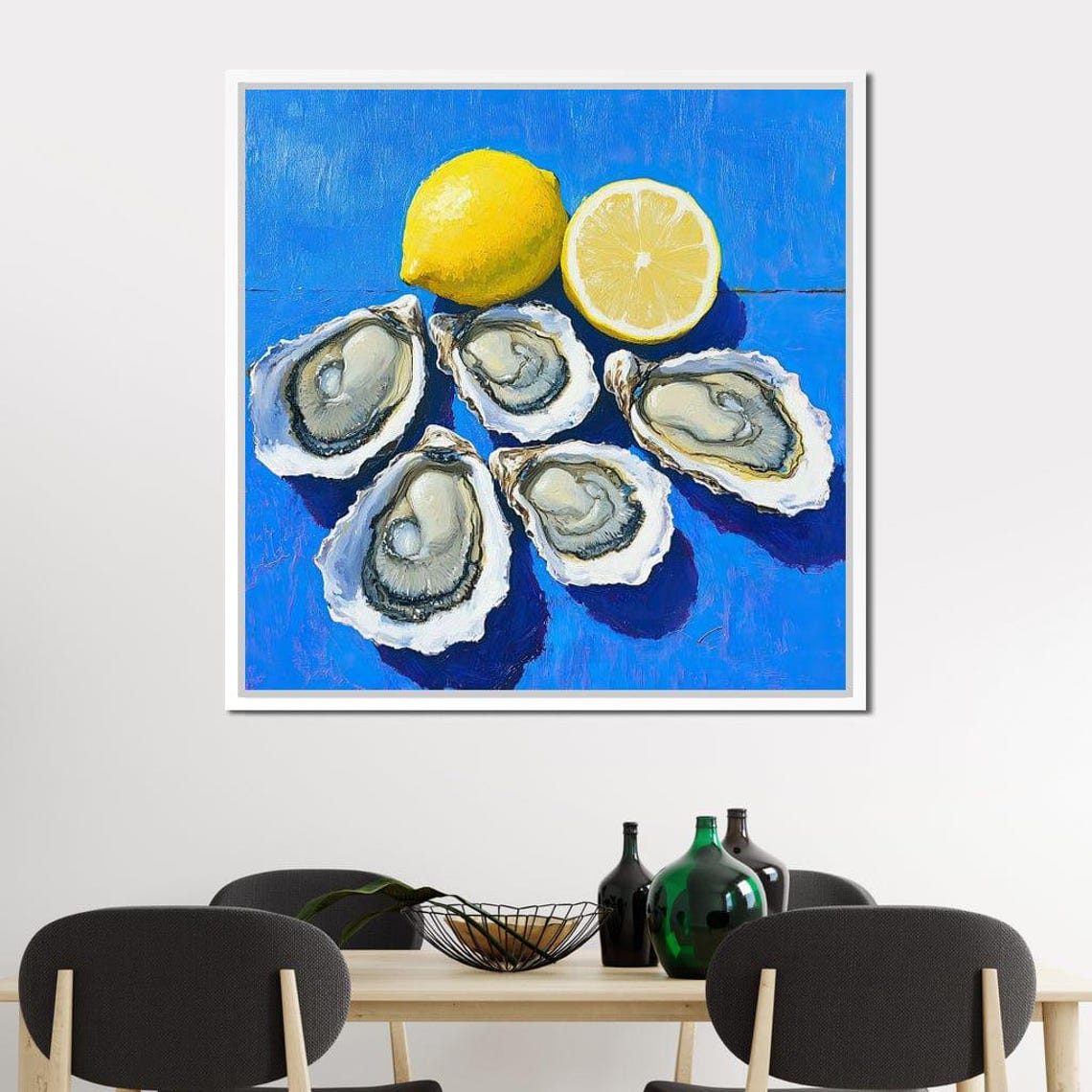 Fresh Oysters Lemon Blue Background Coastal Kitchen Wall Art - Image 4