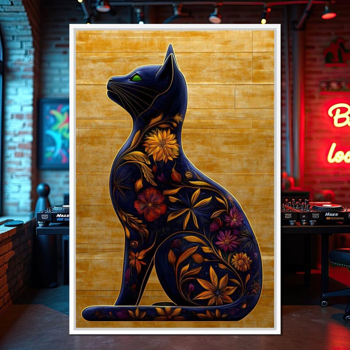 Black Cat Silhouette Floral Pattern Gold Background Decorative Wall Art Poster - Image 2