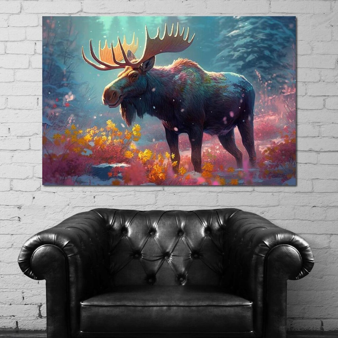 Colorful Winter Moose Majestic Antlers Dreamy Forest Wildlife Wall Art Poster - Image 4
