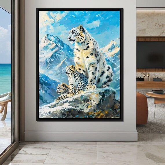 Snowbound Leopard Majesty Mother Cubs Snowy Peak Wildlife Poster