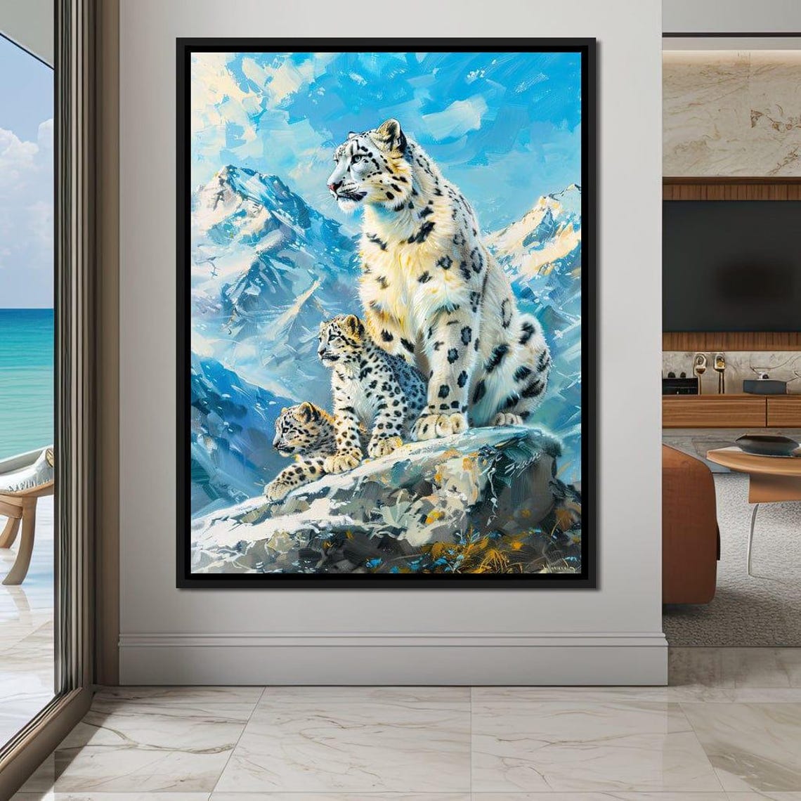 Snowbound Leopard Majesty Mother Cubs Snowy Peak Wildlife Poster