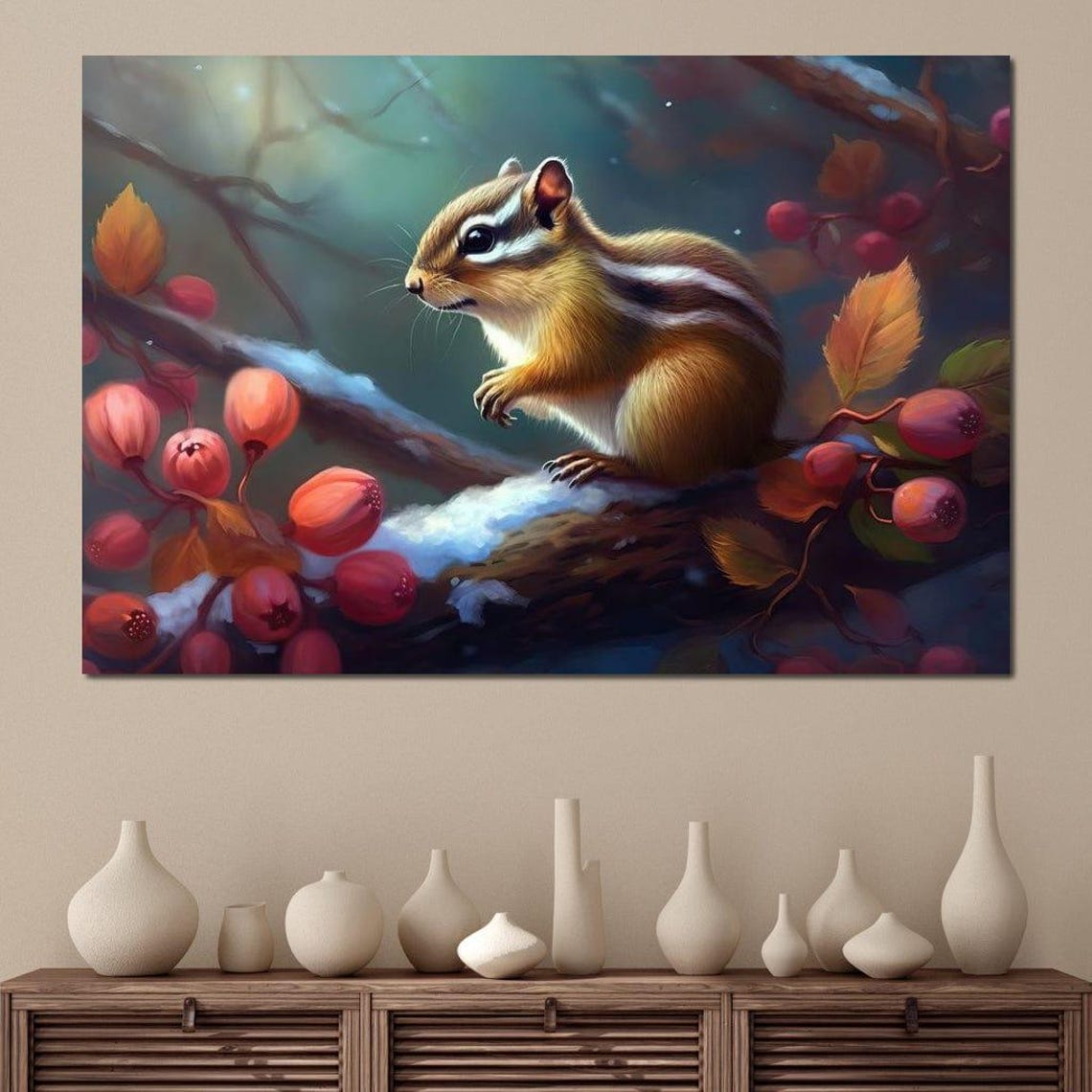 Adorable Chipmunk on Snowy Winter Branch With Red Berries Poster - Image 4