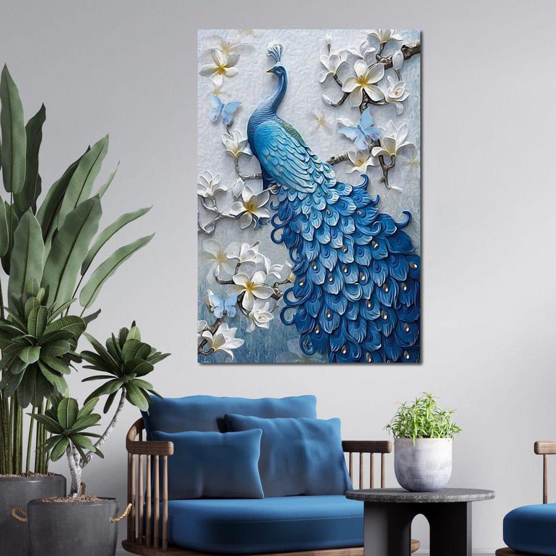 Blue Peacock 3D Embossed White Flowers Relief Elegant Bird Wall Art - Image 3