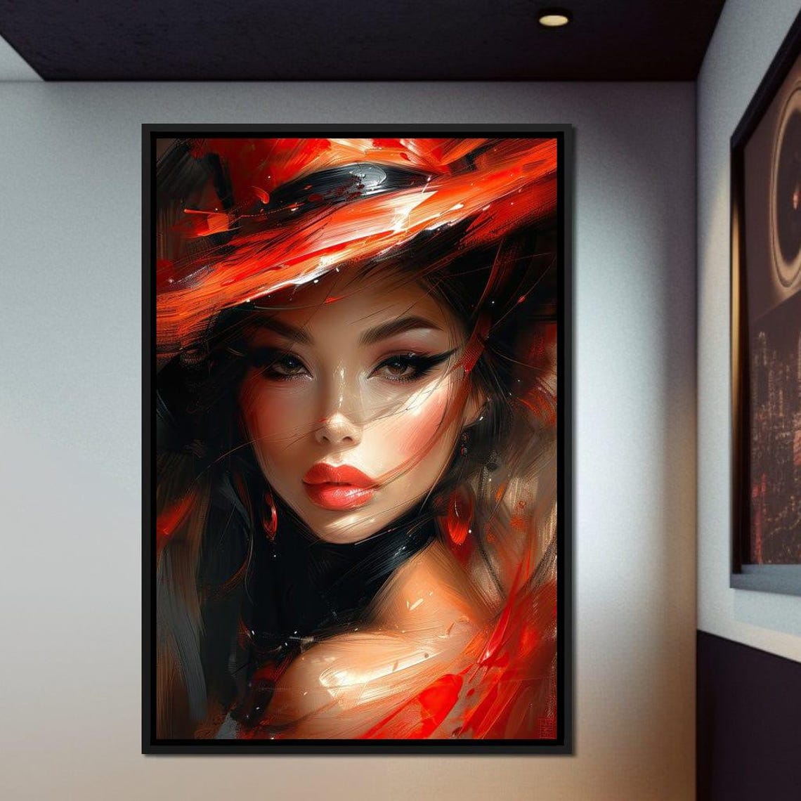Fiery Orange Hat Beauty Bold Expressive Brushstroke Portrait Wall Art - Image 3