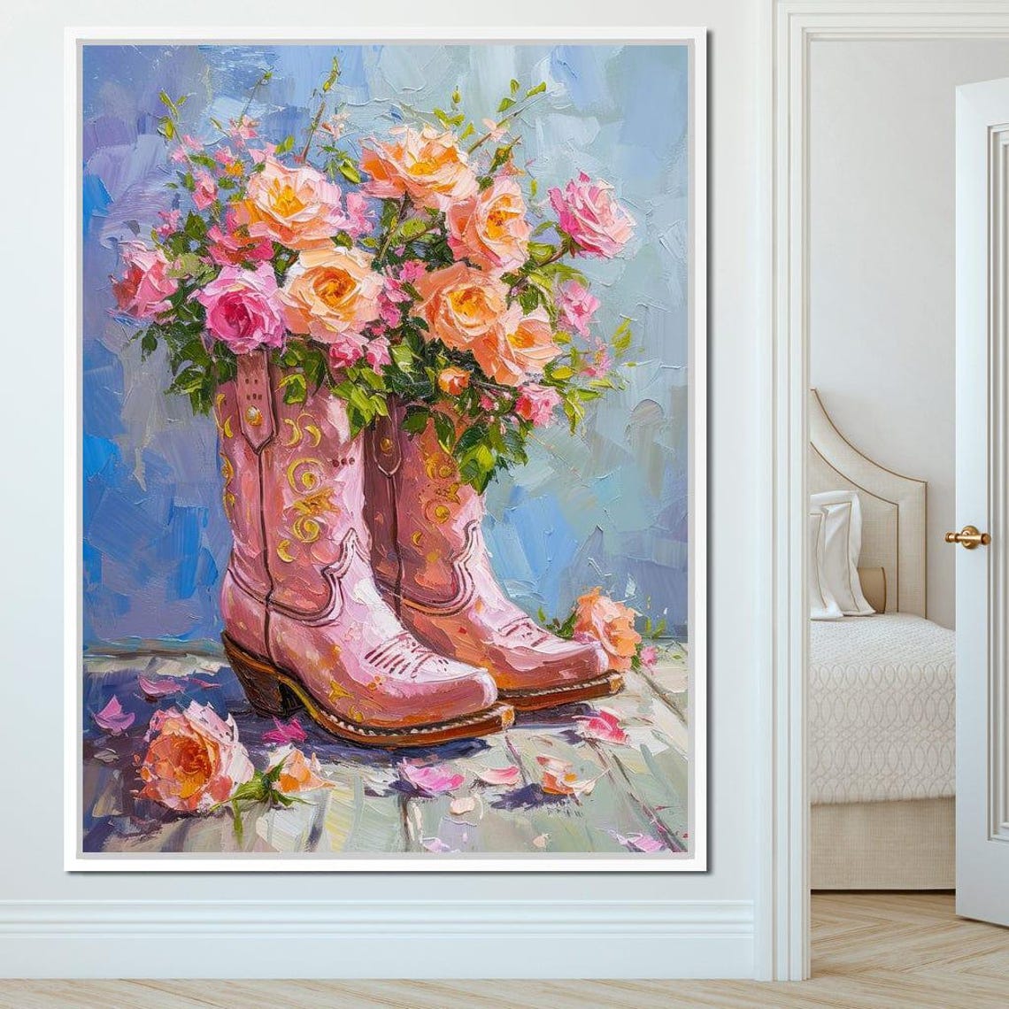 Pink Cowboy Boots Roses Impasto Floral Western Chic Wall Poster
