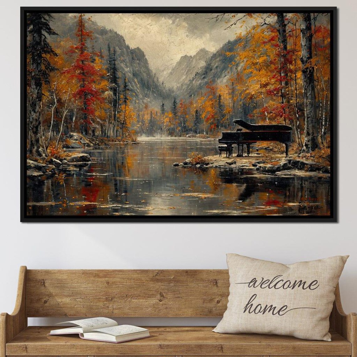 Grand Piano Lakeside Autumn Mountains Misty Lake Travel Poster - Image 3