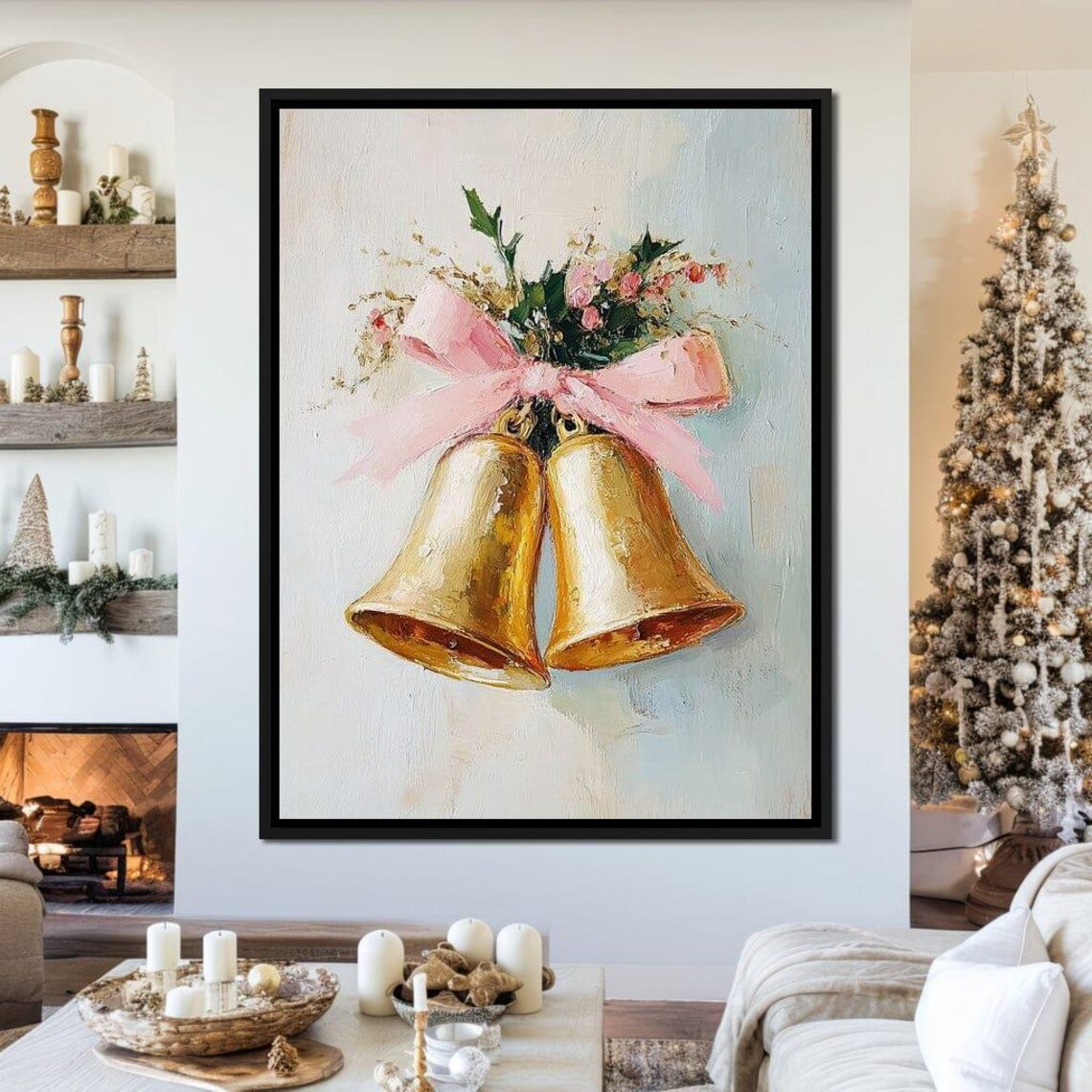Golden Christmas Bells With Pink Bow Floral Holiday Wall Poster - Image 3