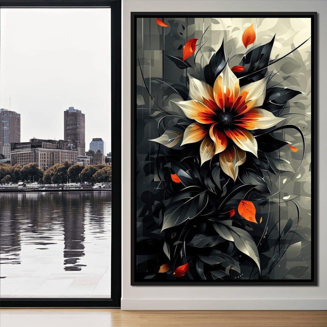 Fiery Blossom Silhouette Cream Orange Flower Dark Botanical Wall Art - Image 4
