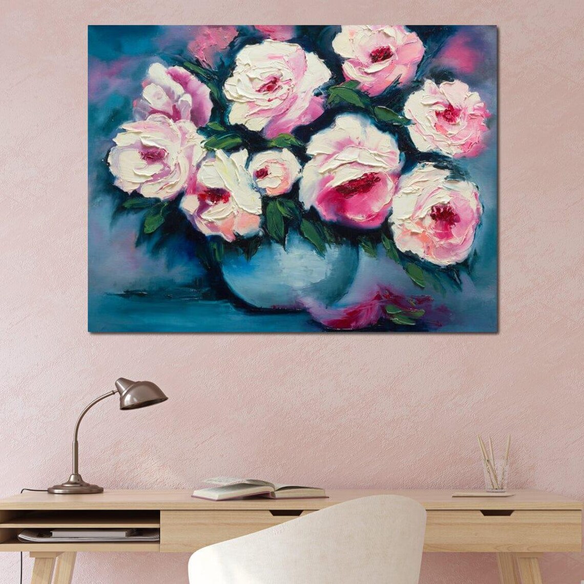 Pink Peonies In Blue Vase Impasto Floral Oil Painting Wall Art Print - Image 4