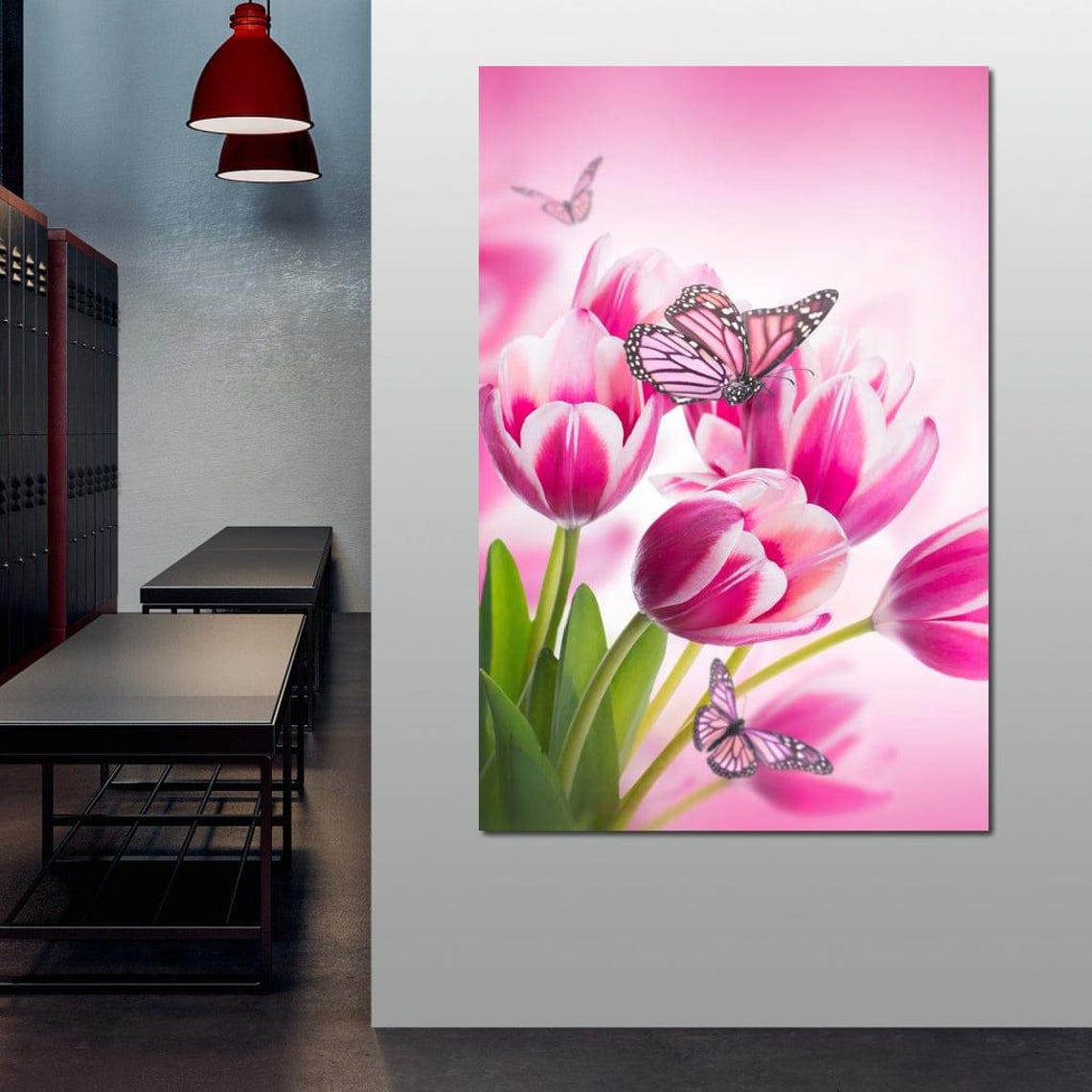 Pink Tulips And Butterflies Spring Floral Botanical Wall Art Poster - Image 3