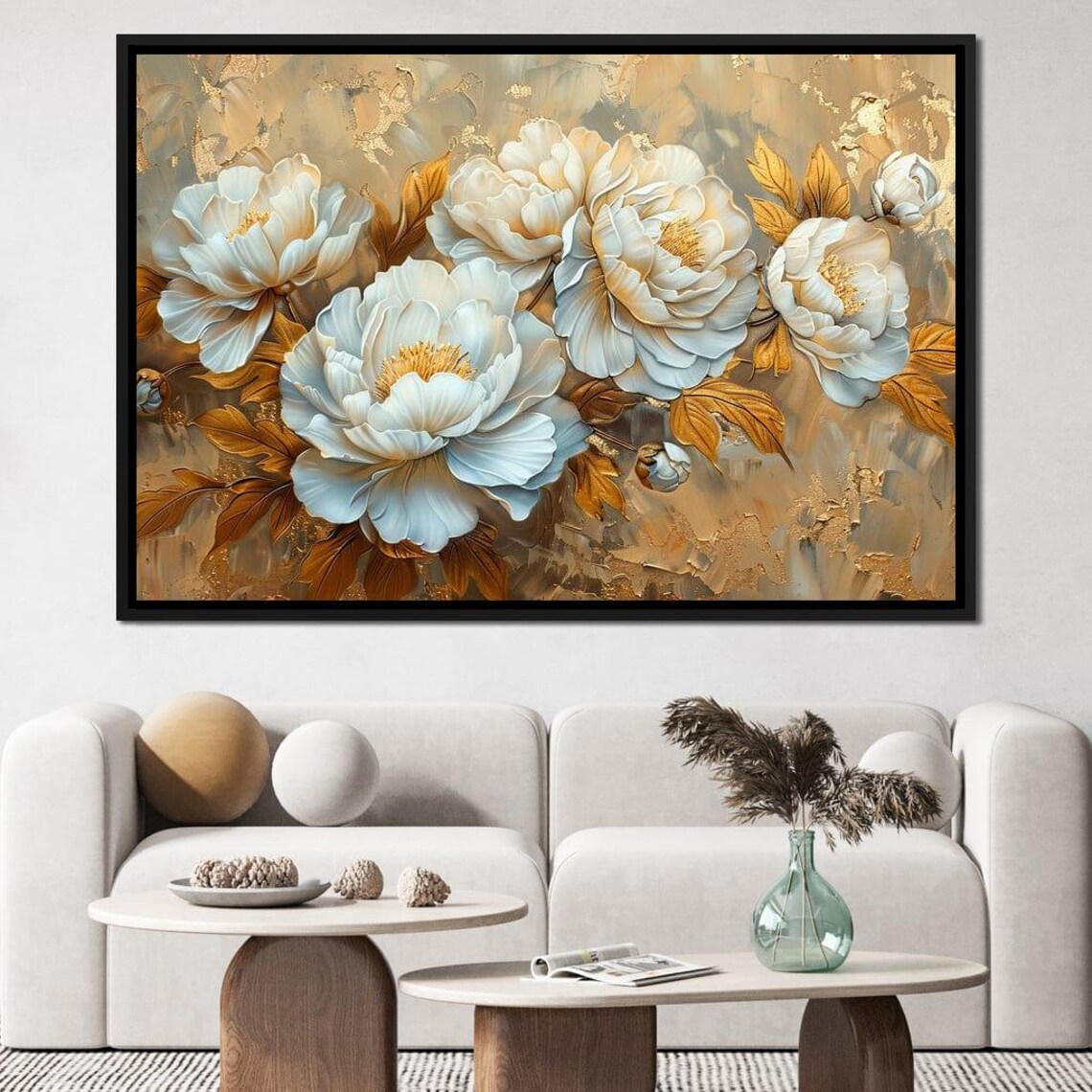 Golden White Peonies On Gold Leaf Background Floral Art Wall Poster
