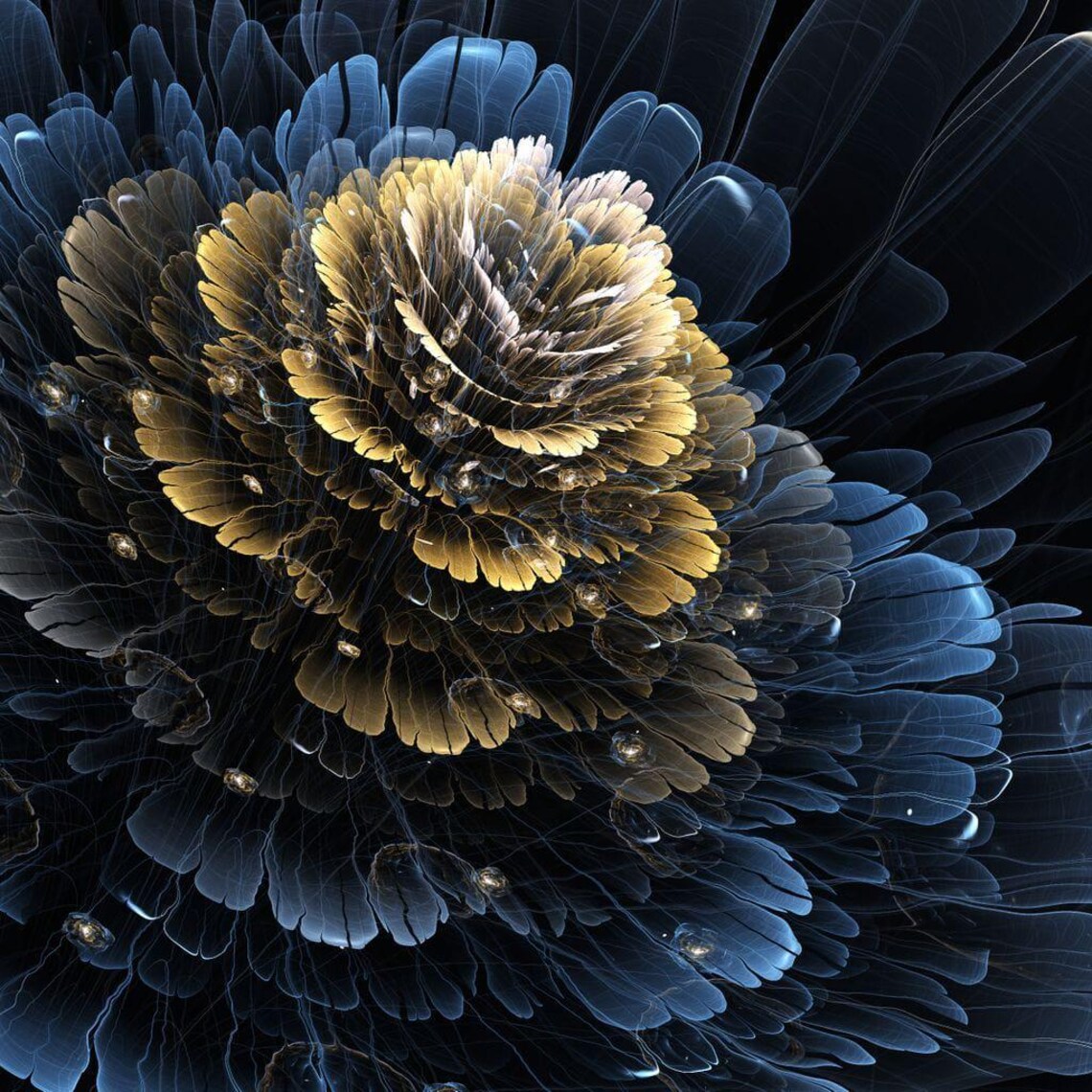 Midnight Blue Gold Fractal Flower Bloom Dark Elegant Modern Poster - Image 3