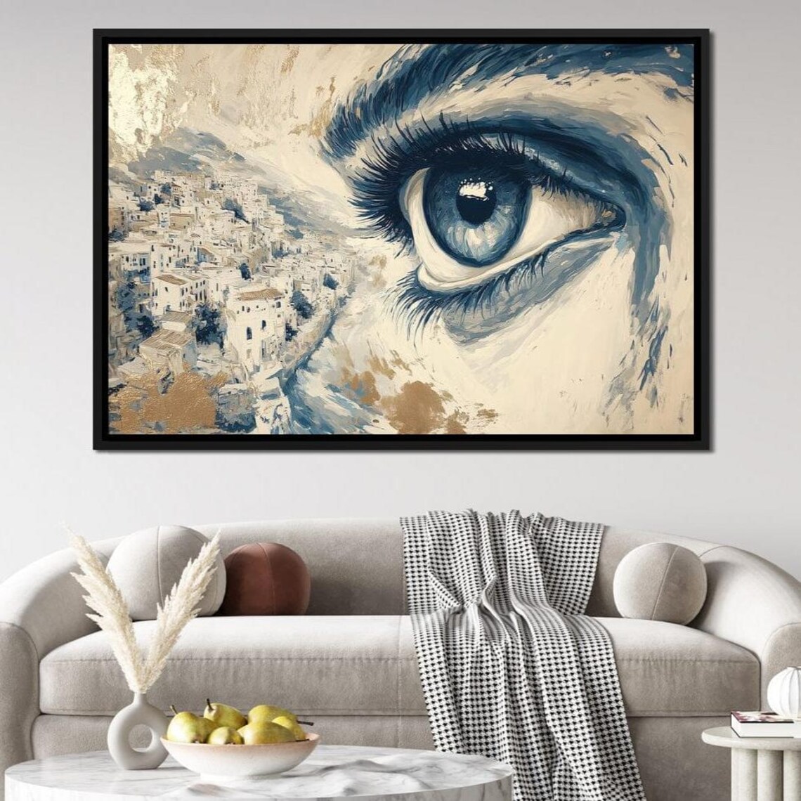 Surreal Blue Eye Over Mediterranean Coastal Town Gold Wall Art - Image 4