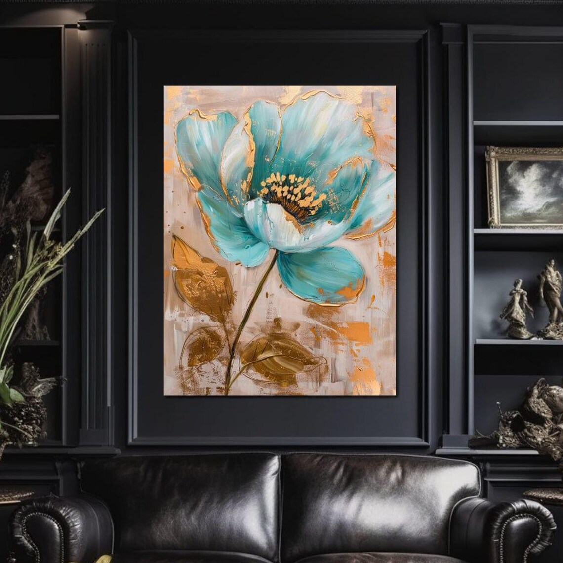 Teal Flower With Gold Accents Modern Botanical Abstract Wall Art Print - Image 3
