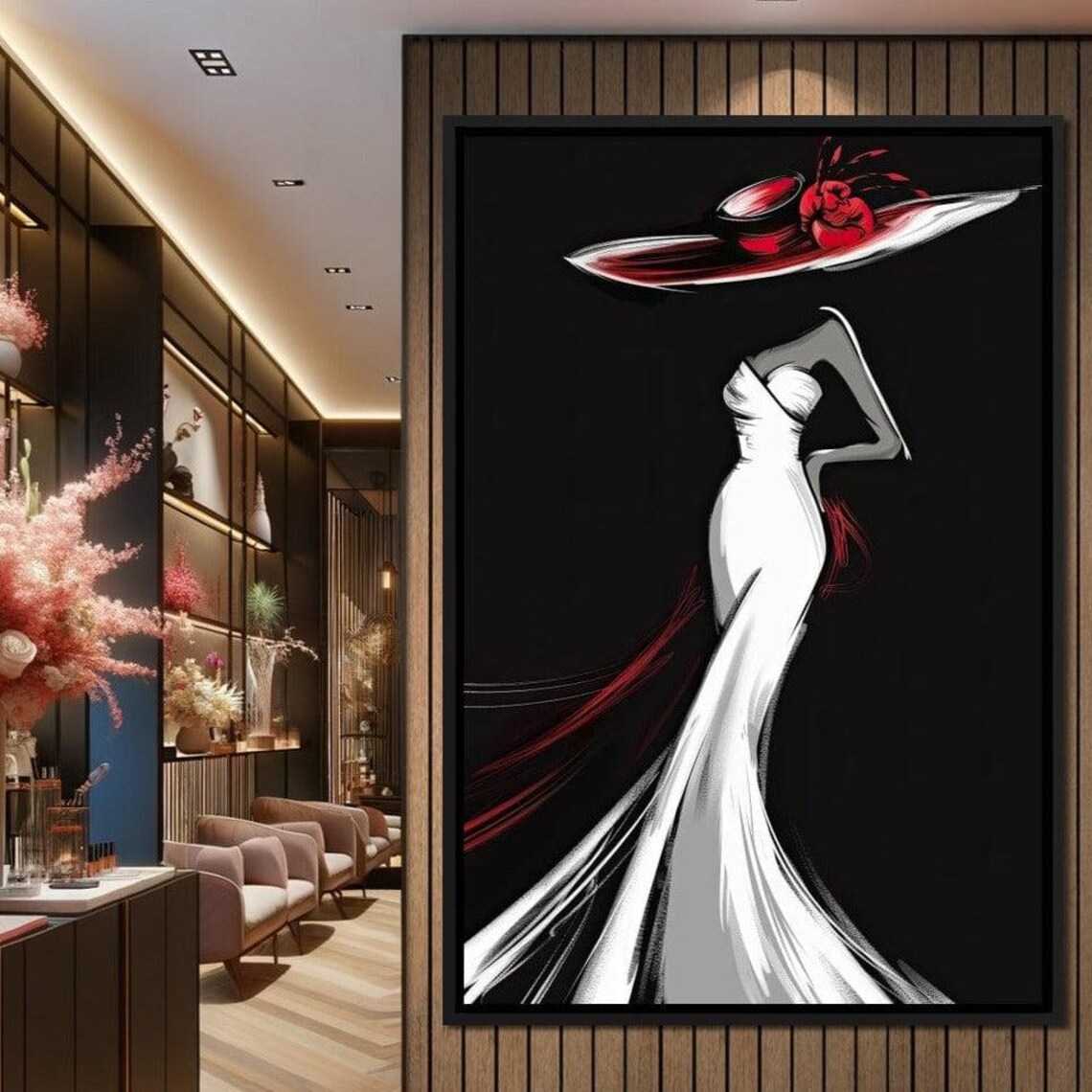 Noir Chic Fashion Sketch Woman In White Gown Red Accent Black Art Poster