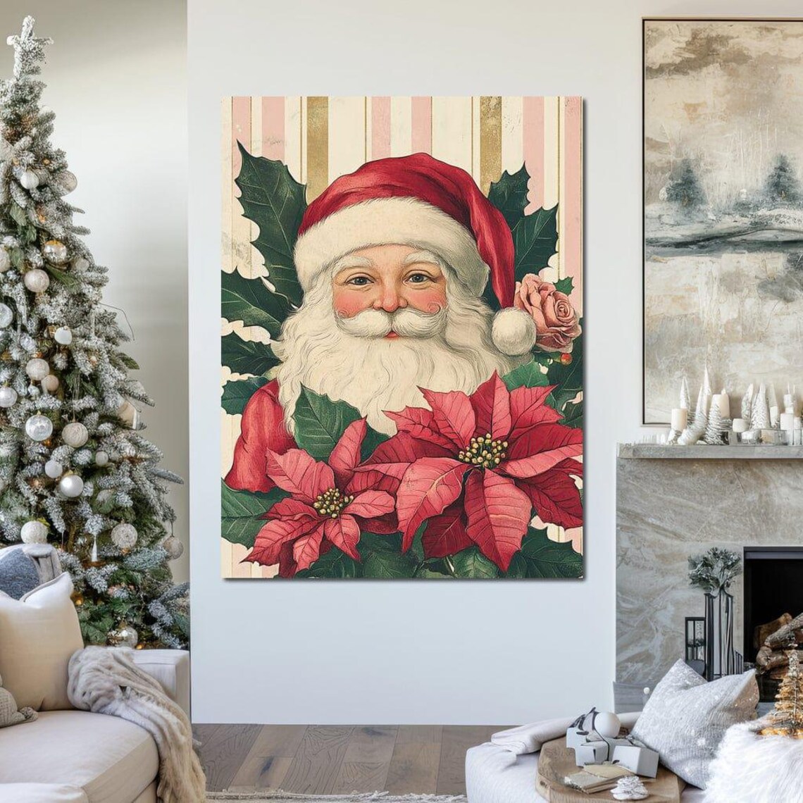 Vintage Santa With Poinsettia And Holly Leaves Classic Xmas Poster - Image 2