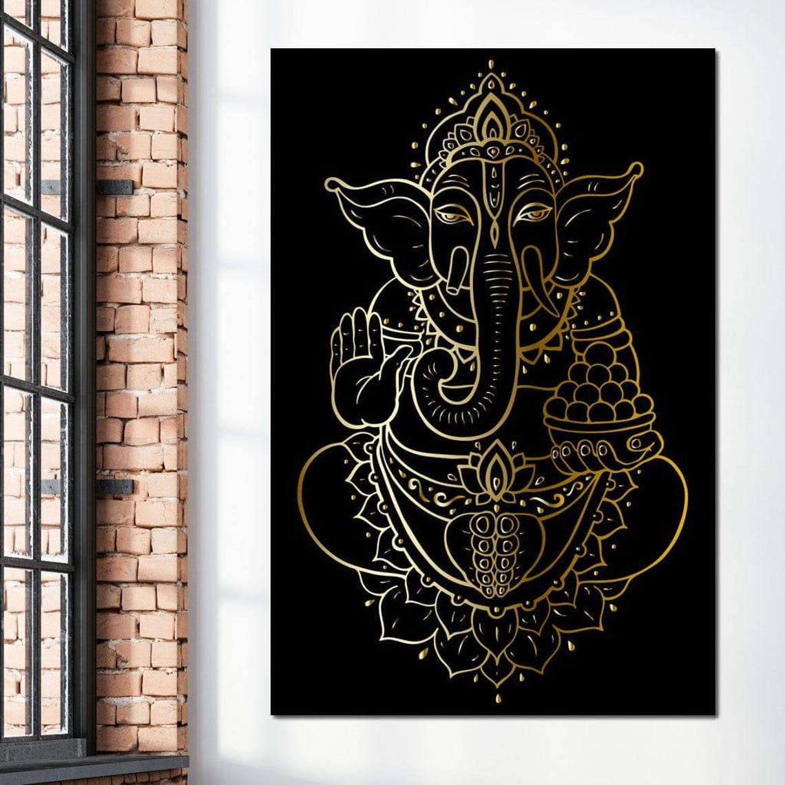 Golden Ganesha Hindu Wall Art Spiritual Decor Black And Gold Art Indian Culture Divine Art Print For Home By Nichecanvas - Image 3