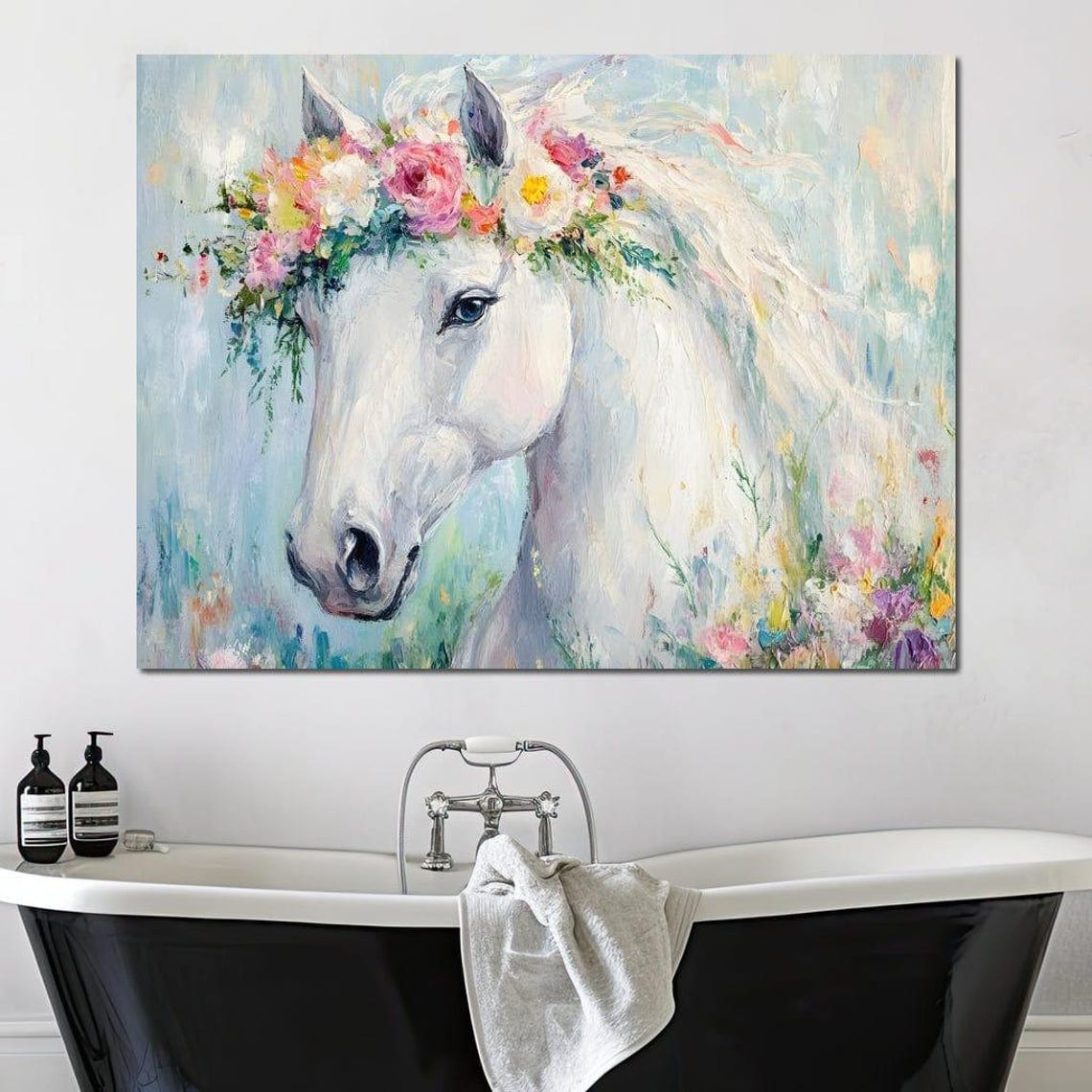 White Horse Floral Crown Pastel Impressionist Framed Equine Wall Art - Image 3