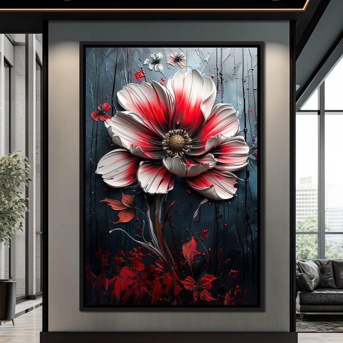 Red White Giant Blooming Flower Dark Dramatic Floral Wall Art Print - Image 4