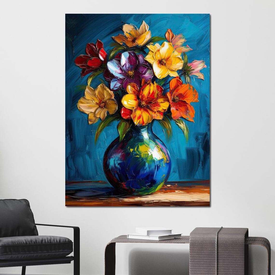 Vibrant Bouquet Red Purple Yellow Flowers Blue Vase Art Wall Poster - Image 2