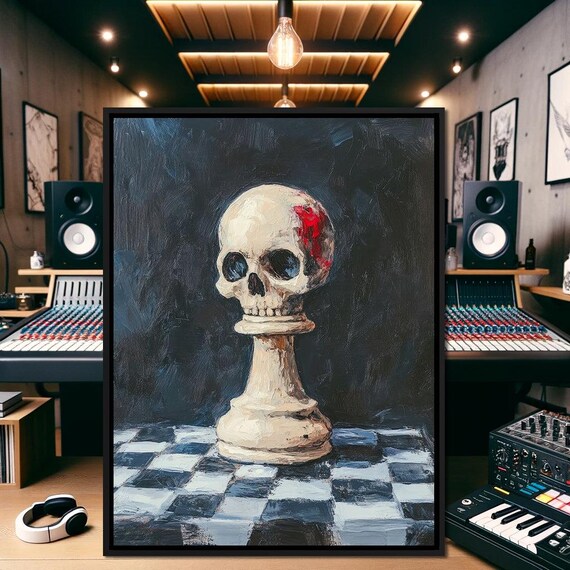 Skull On Chess Pawn Dark Gothic Painting Checkered Board Moody Art Poster