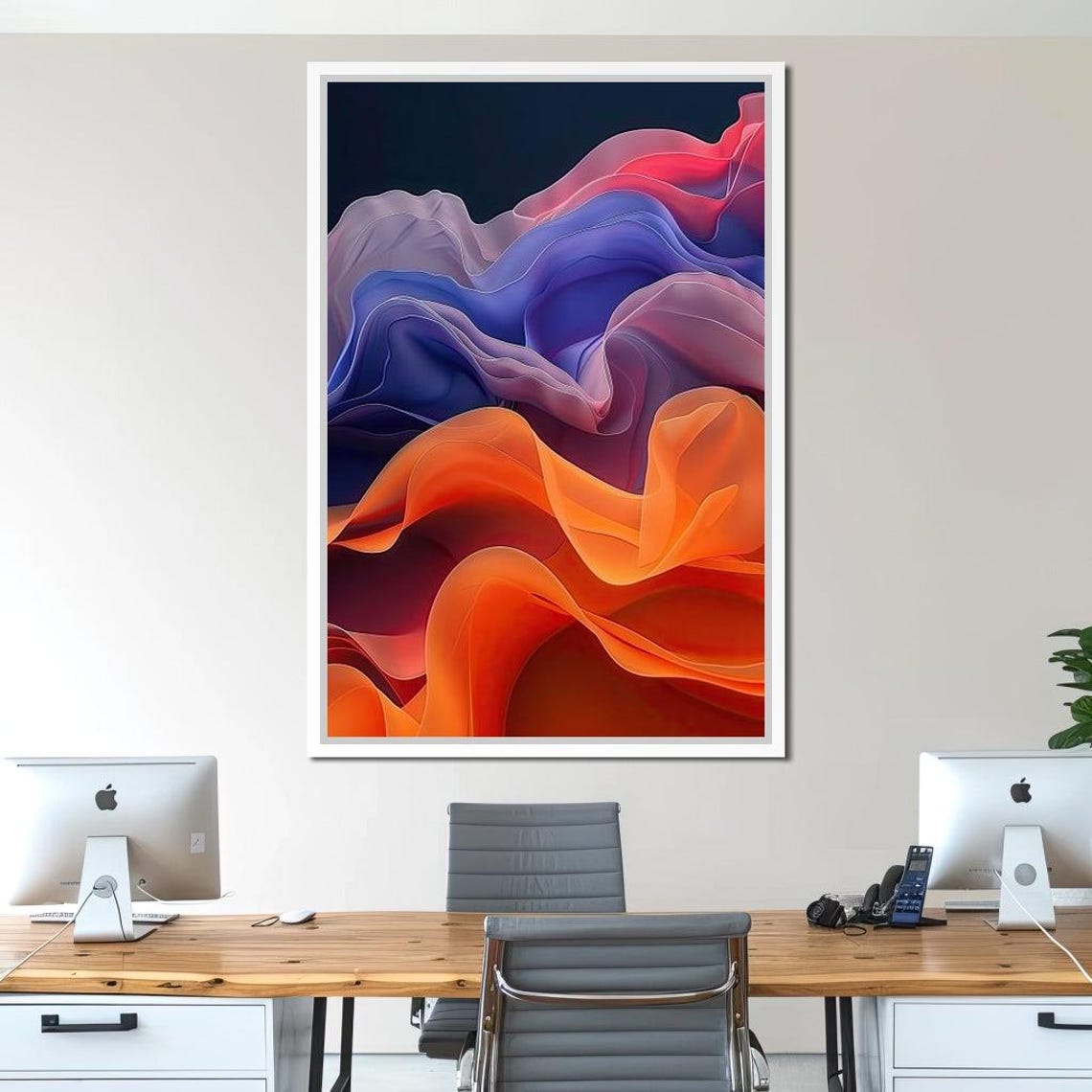 Flowing Orange Purple Silk Waves Abstract Swirls Dark Wall Art - Image 2