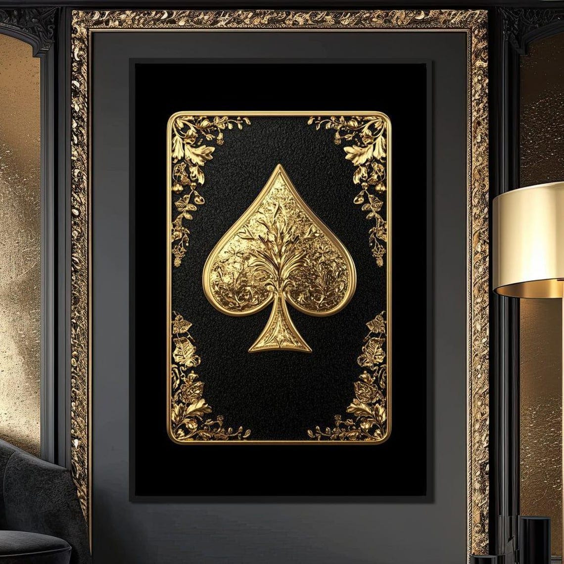 Golden Ace of Spades Ornate Black Card Luxury Casino Wall Art Poster