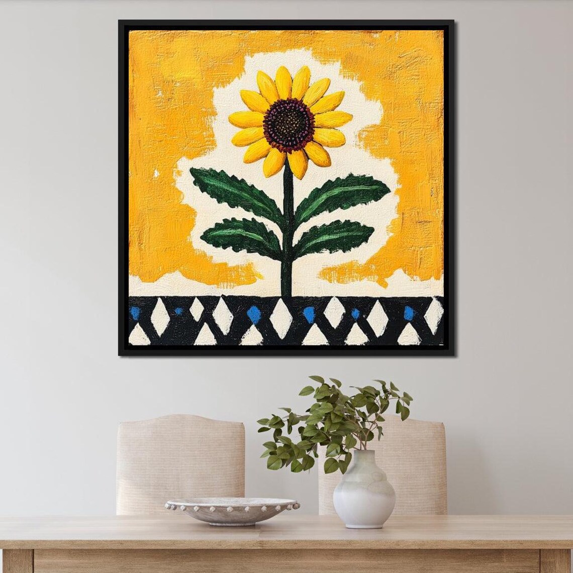 Cheerful Sunflower Folk Art Painting Yellow Bloom Naive Wall Art