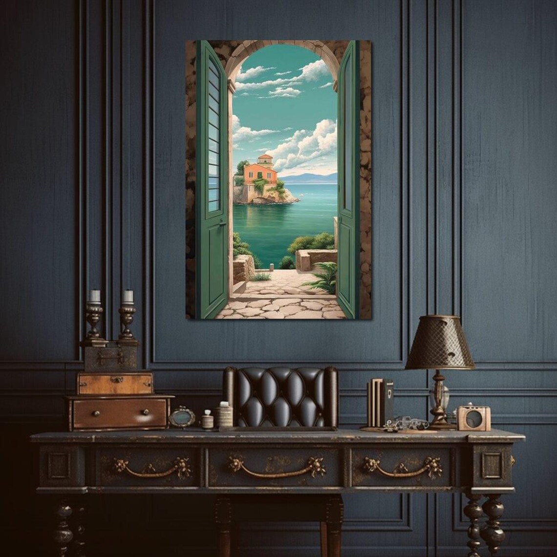 Mediterranean Island House Coastal View Through Arched Door Poster - Image 4