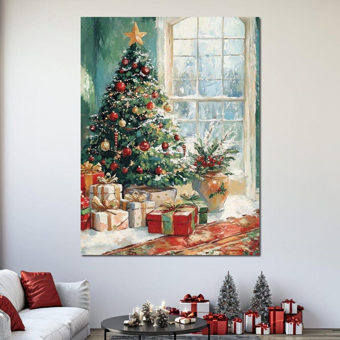 Snowy Christmas Tree By Window Presents Red Ornaments Poster - Image 2