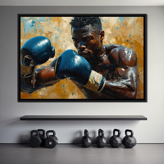 Boxer With Blue Gloves Golden Canvas Motivational Fighter Sports Wall Art Poster